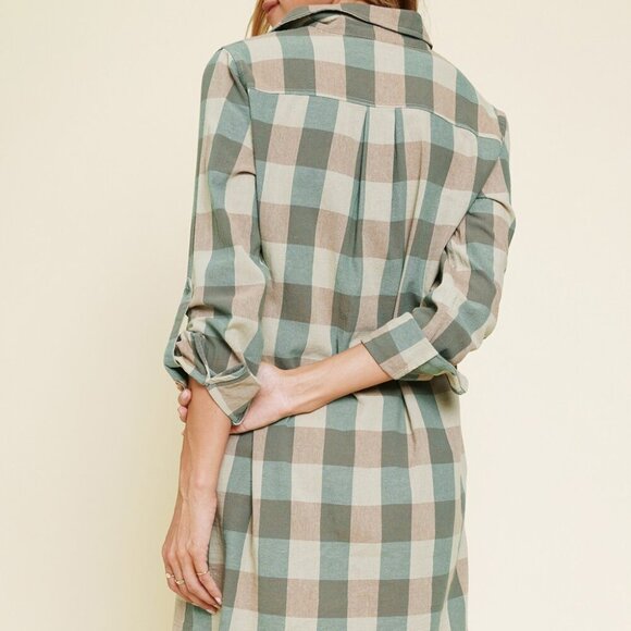 MYSTREE Plaid Button-Up Shirt Dress Shacket, Sage Green & Taupe Check Frayed Hem - Picture 4 of 7